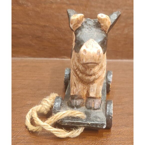 Rustic Plastic Wood-like Carved Black Spotted Cow on Pull Cart Farm Barn Decor - Picture 4 of 11